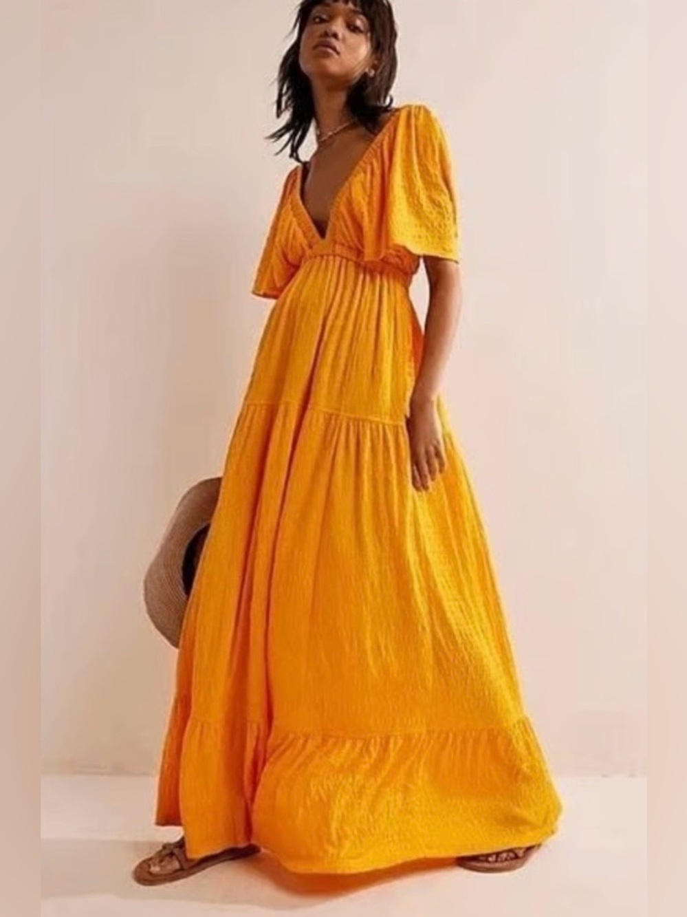 Free People La La Golden Yellow V-Neck Flutter Maxi Dress Size Small - Picture 3 of 12
